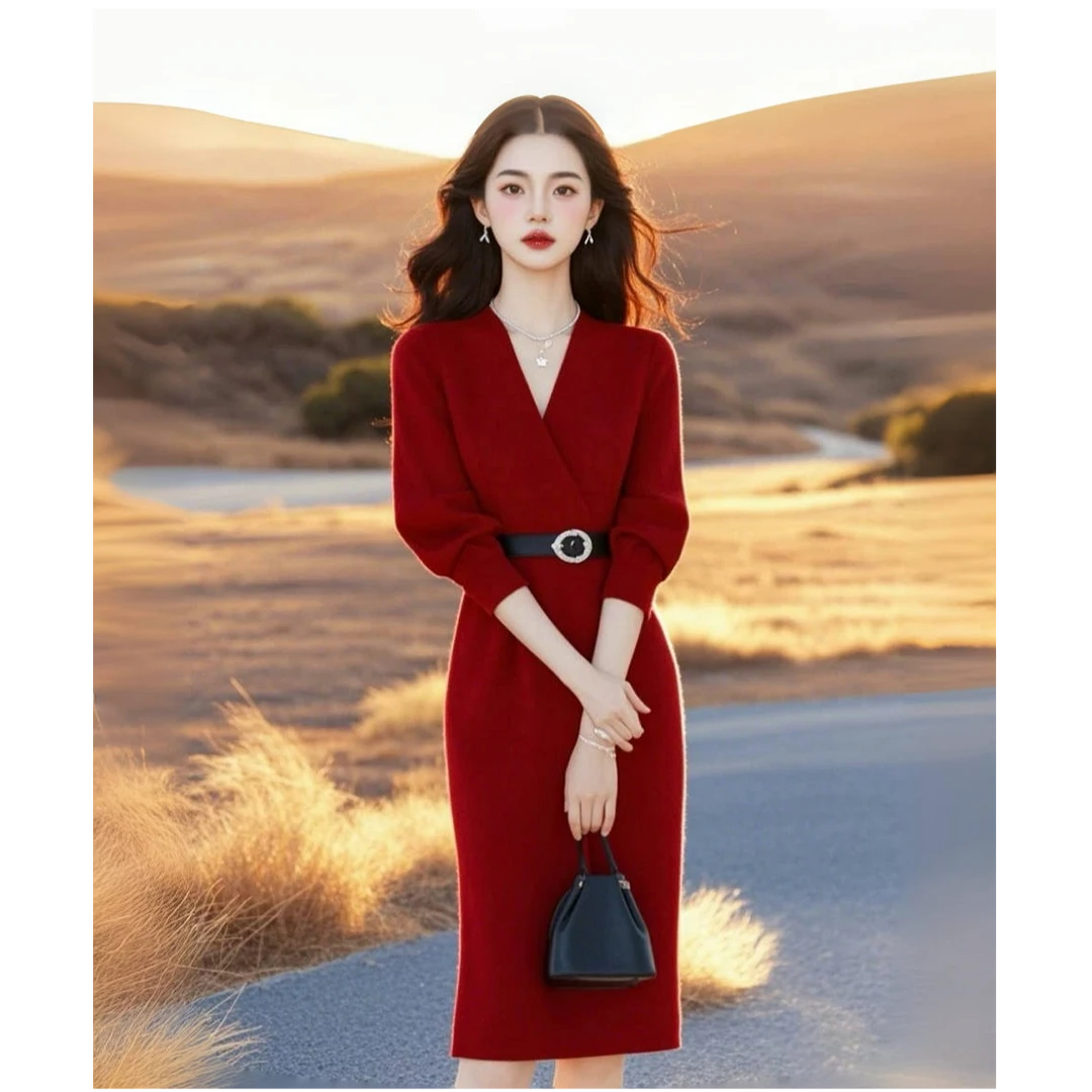 【AJO】冬出席重要场合上流社会气质名媛女神安可拉红色针织连衣裙