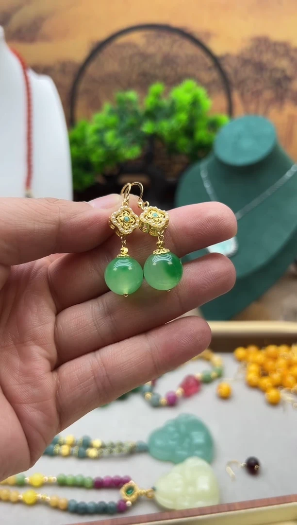 翡翠14K金镶嵌耳饰E456