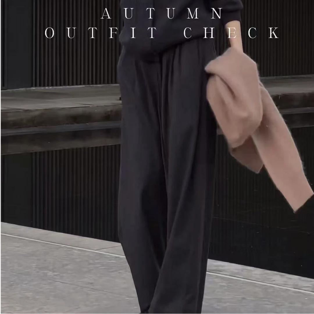 L'U'R/YI'YAO【迷雾都市】时尚压褶松紧高腰山羊绒羊毛休闲裤0056