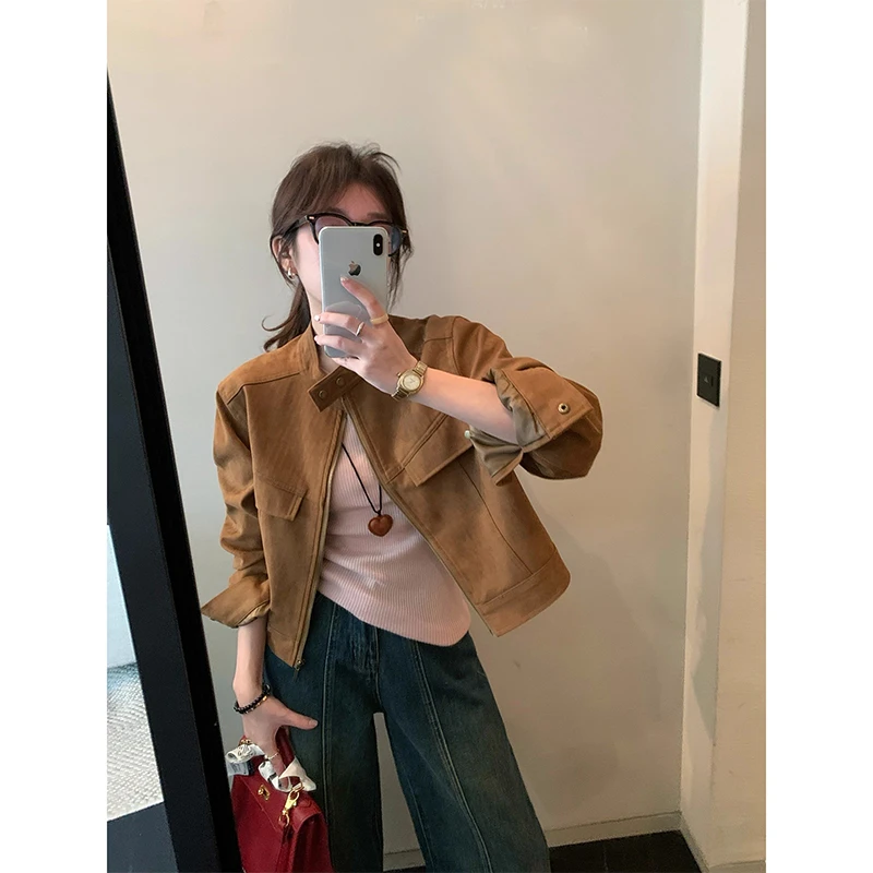 拉夏贝尔咖色皮衣外套女2025秋季新款高级感鹿皮绒小个子皮夹克潮