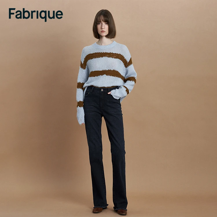 Fabrique Cathy 早春新款深蓝弹力修身显瘦高腰百搭微喇叭牛仔裤