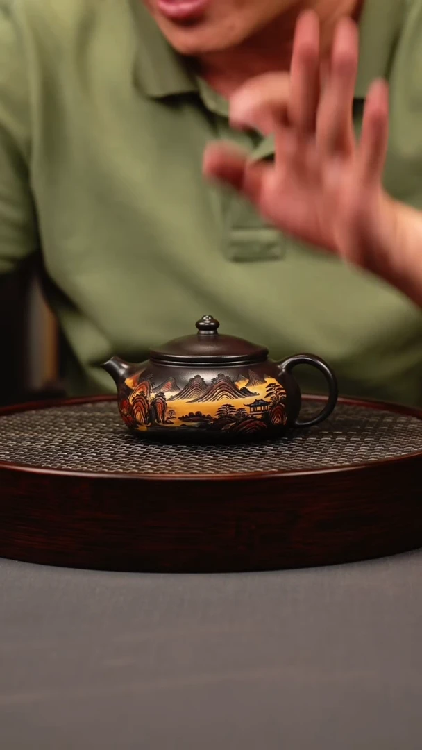 茶壶紫砂石黄 寒江 彩刻山水