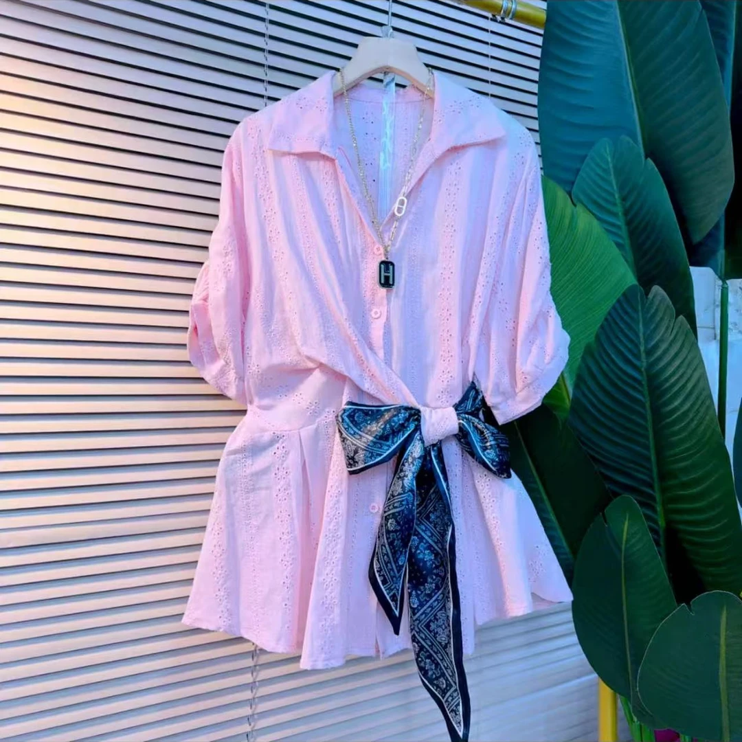 687欧洲站时尚气质翻领收腰显瘦减龄衬衫（衣长70）