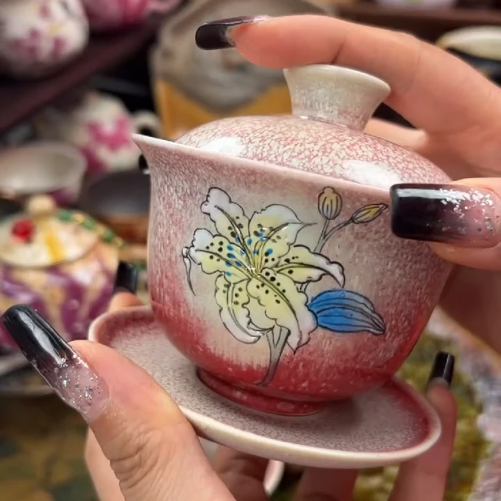 窑变纯手绘百合三才盖碗功夫茶女士泡茶碗家用茶碗不烫手