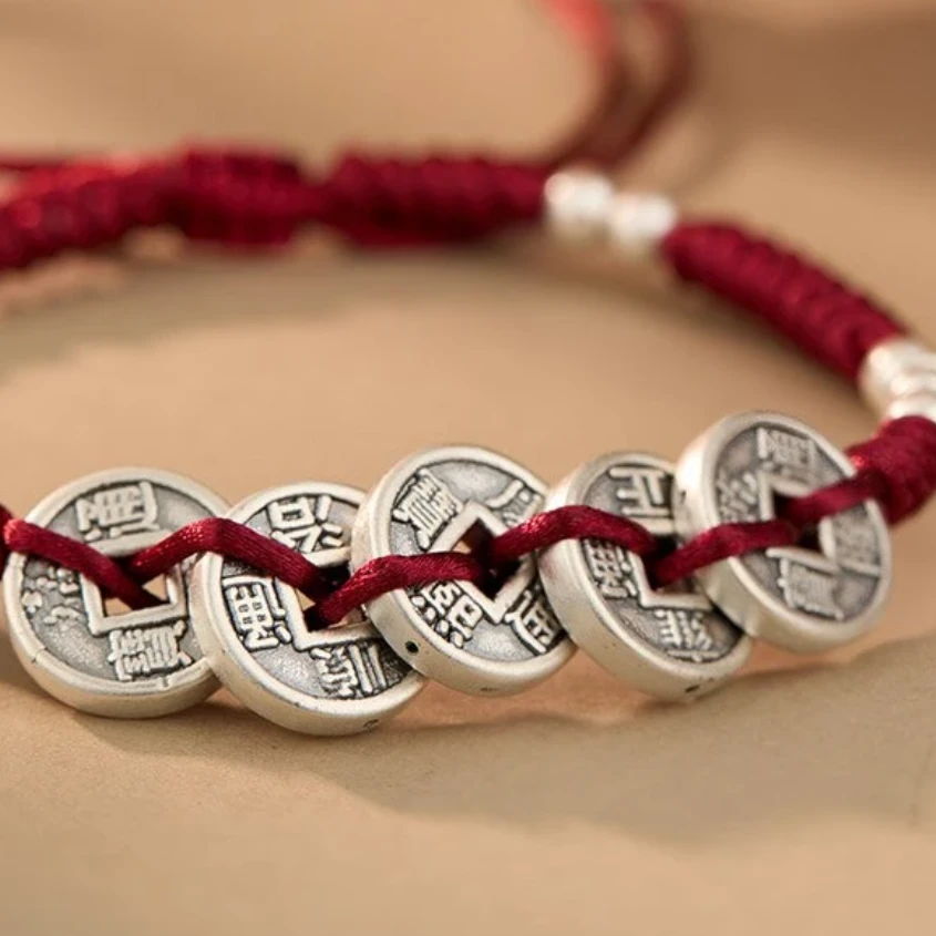 足银手链 足银布艺手链（蝶禧手绳）足银五帝钱手绳编织