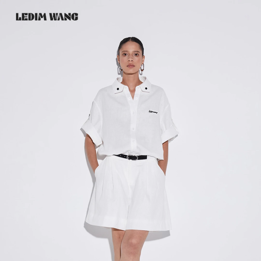LEDIM WANG【于文文同款】清冷极简中袖汉麻衬衣女夏季宽松防晒衬衫