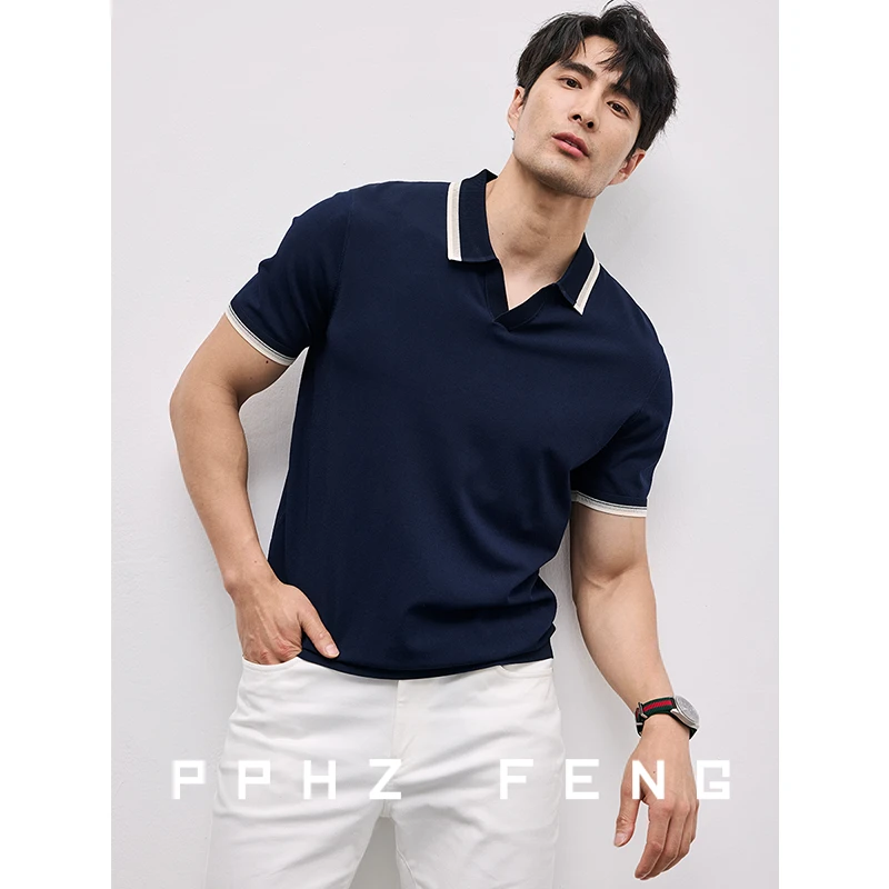 时尚撞色罗纹 高弹冰丝免烫 剪刀v领翻领夏季针织短袖POLO衫男