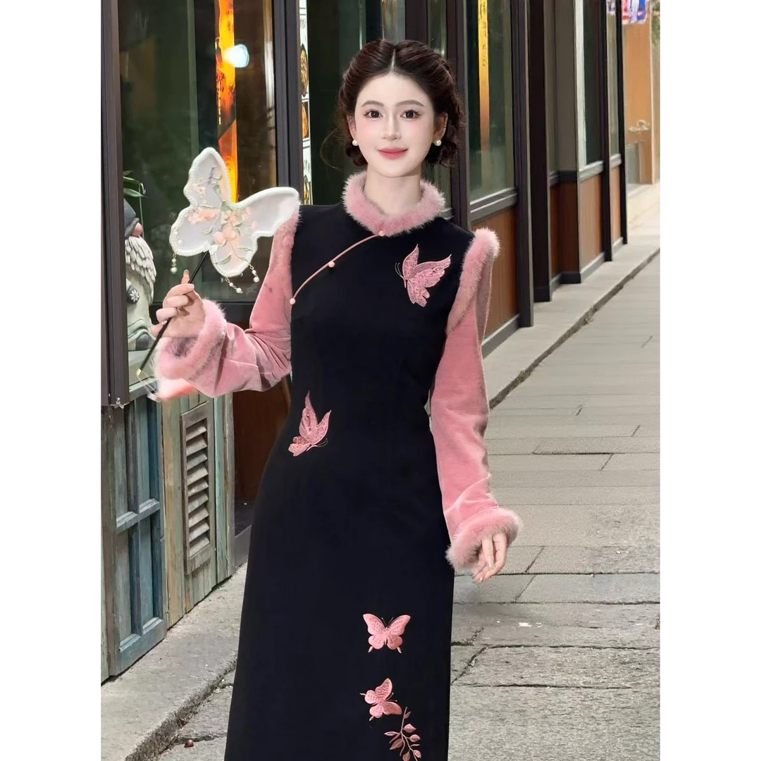 LiLi李李家【粉鸾星动】新中式蝴蝶绣花假两件黑撞粉旗袍裙XMZH9996