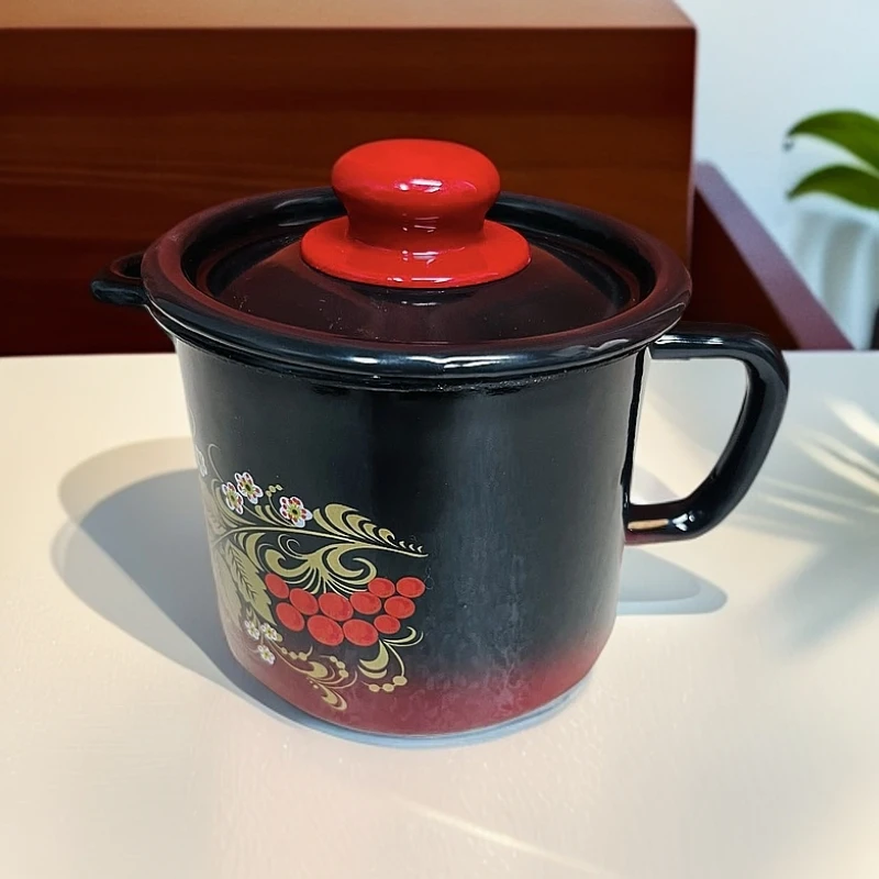 新疆包邮 【黑红奶杯1升】 黑花奶杯圆形带手把带盖子搪瓷便携宿舍