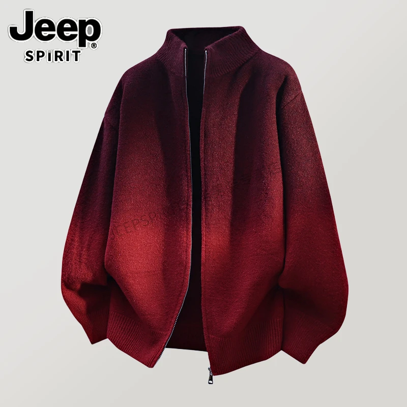 Jeep吉普本命年红色渐变色立领毛衣男秋冬慵懒风宽松针织开衫外套