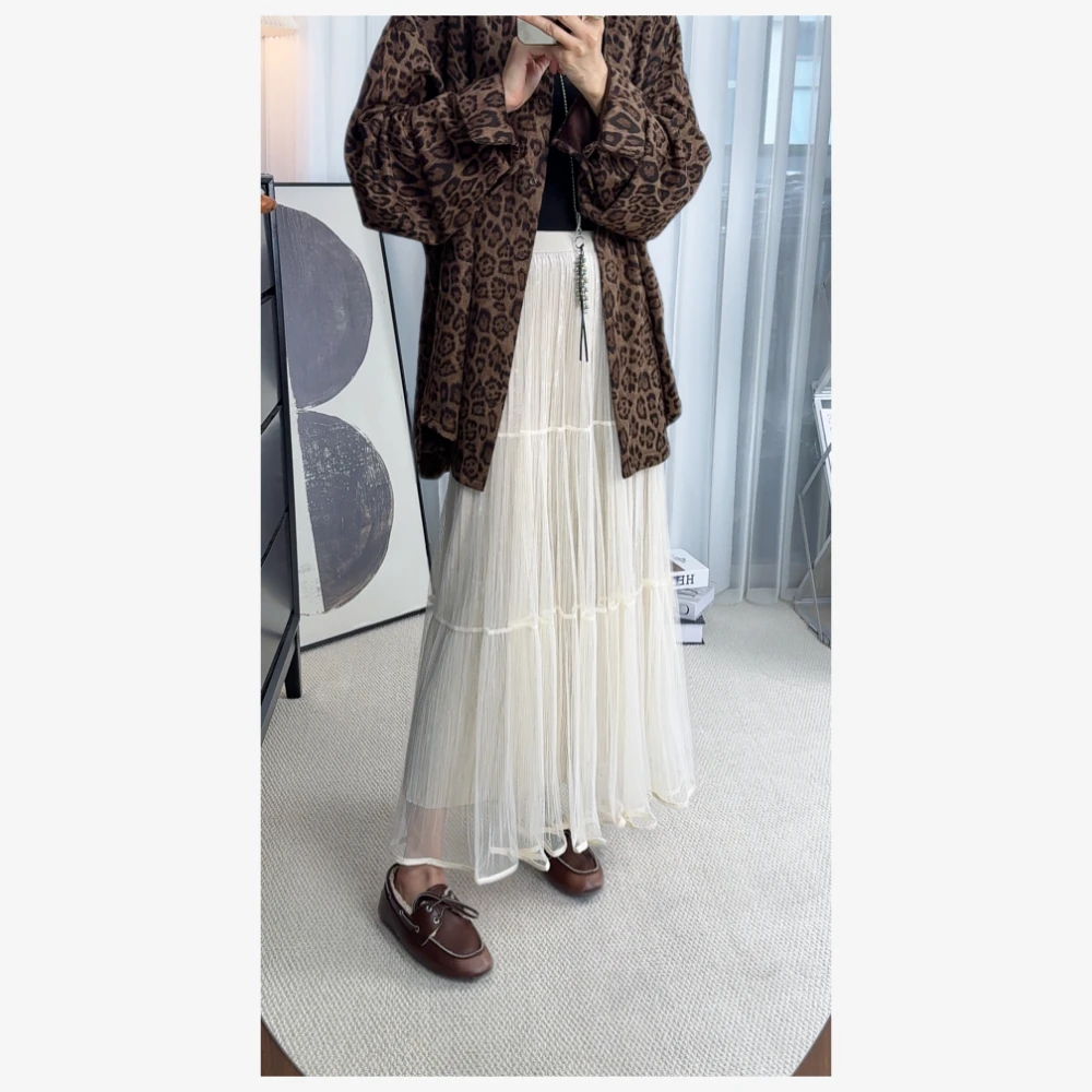 【丽丽穿搭】2026早春网纱金丝绒拼接半身裙弹力松紧腰长裙