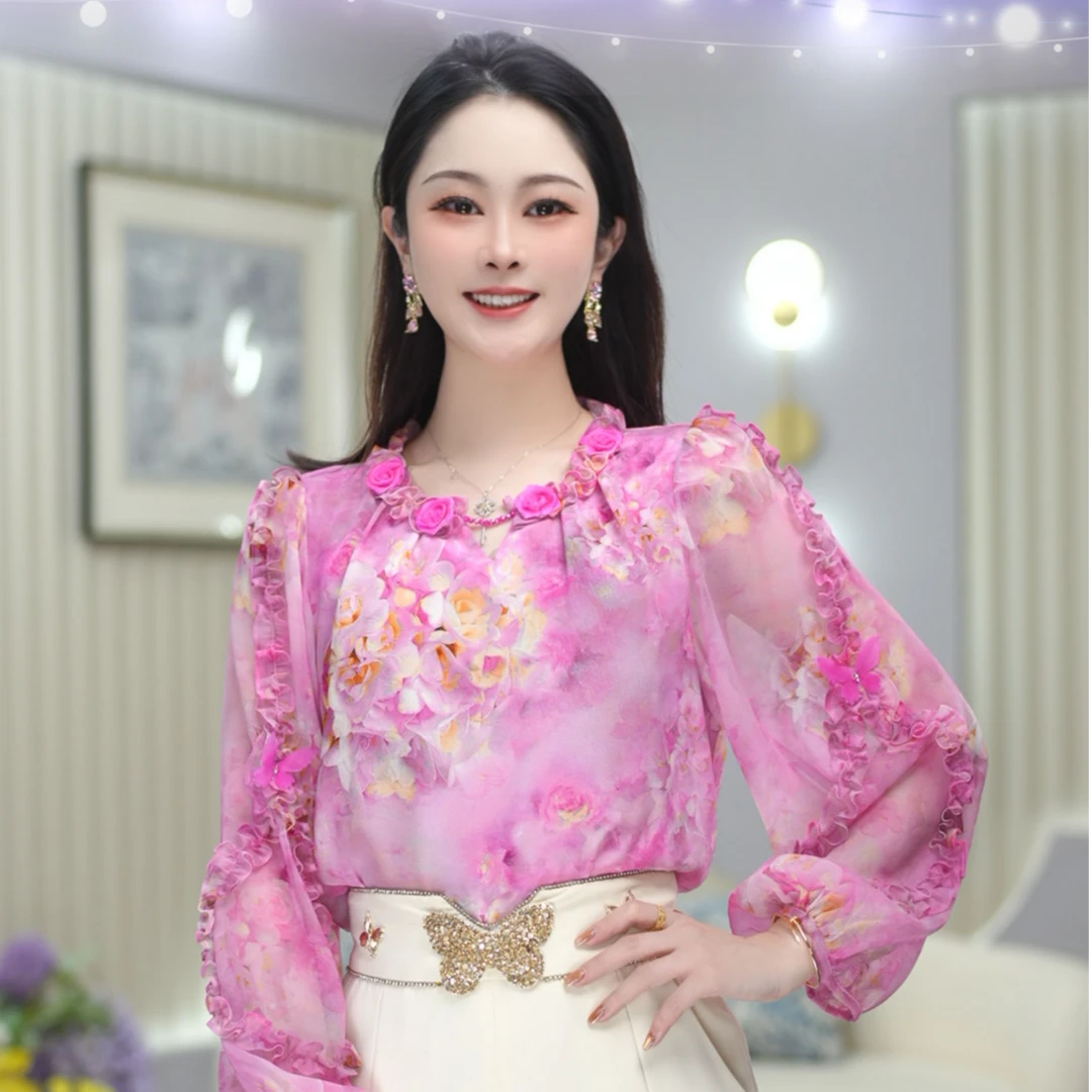 【桃花诺】春季新款洋气时髦花朵设计领口碎花衬衫百搭衬衣 DY5471