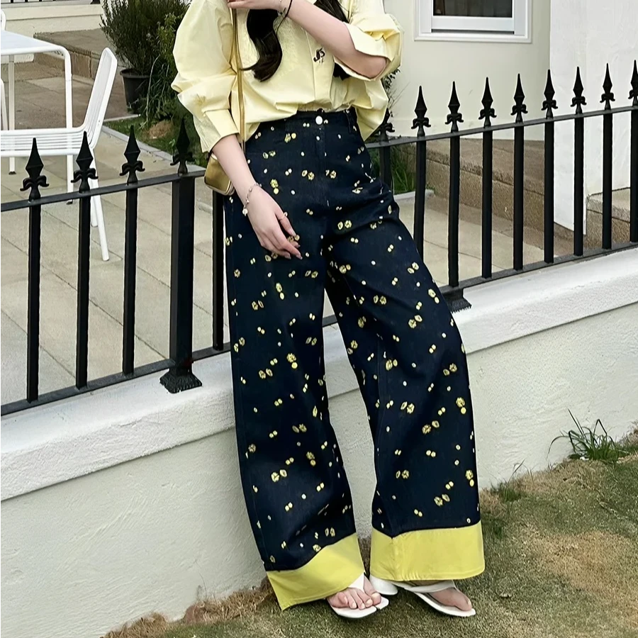 蛋娘专属——碎花宽边阔腿裤牛仔裤百搭时尚