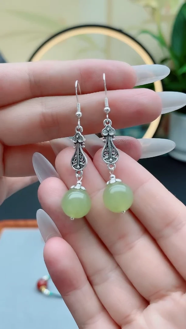 东陵石银S925镶嵌耳饰6233