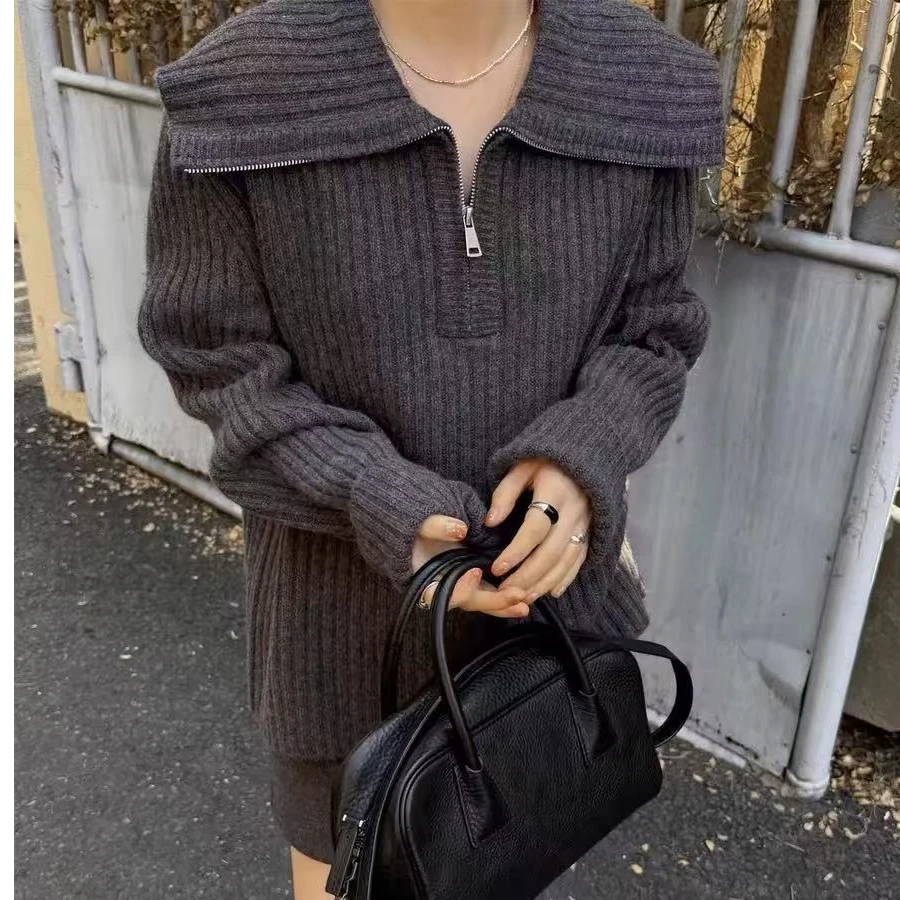 2024欧货拉链大翻领羊毛衫长袖坑条加厚毛衣潮显瘦网红针织时尚