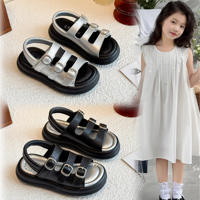 ABC女童露趾凉鞋2025夏季新款时尚休闲鞋韩版儿童公主软底凉鞋