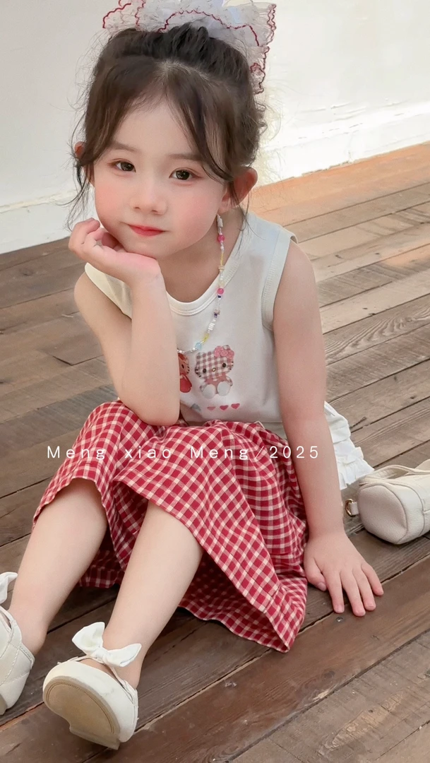 【XTL】2025新夏卡通猫木耳边上衣红色格子裤套装85519