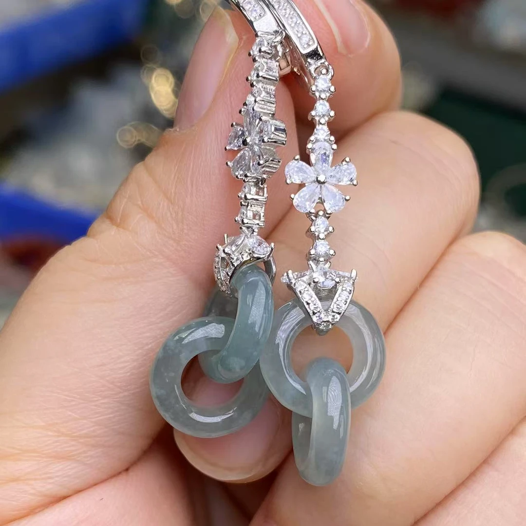 天然A货翡翠环环相扣S925银耳钩