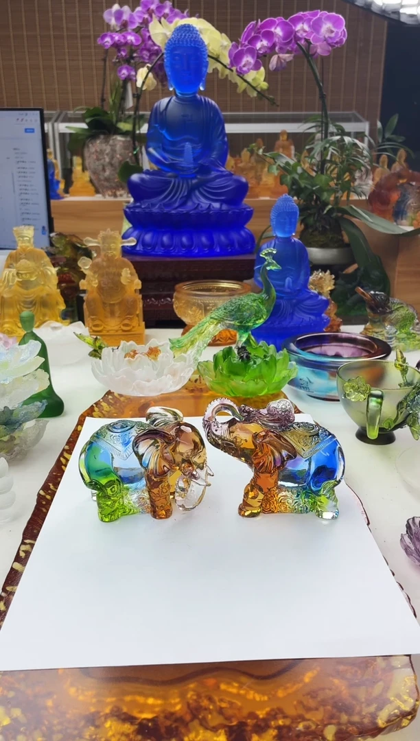 手工艺品琉璃纳财纳福象一对彩色