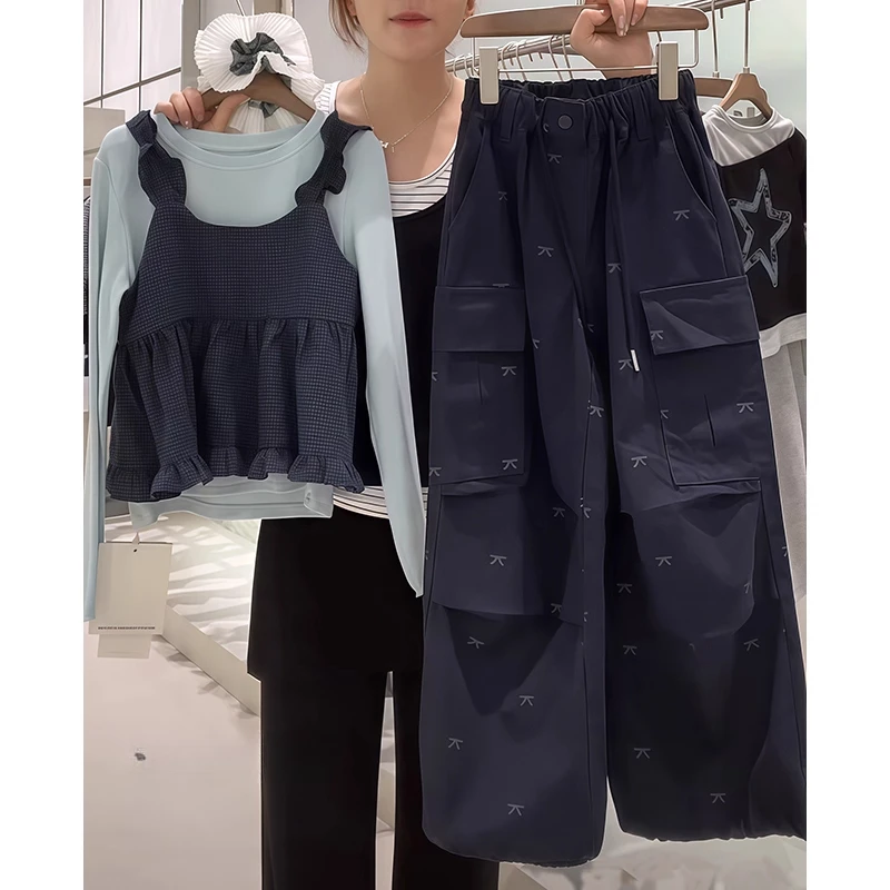 女童吊带打底衫工装裤套装2025新款春秋款长袖T恤蝴蝶结阔腿裤潮9