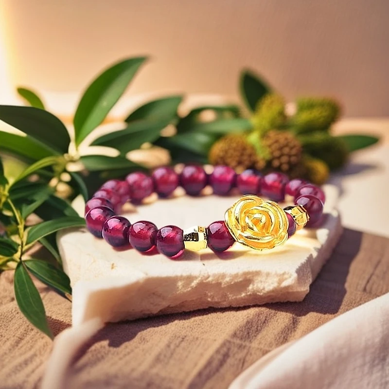 【黄金补贴】黄金足金玫瑰花搭配石榴石女款气质戒圈