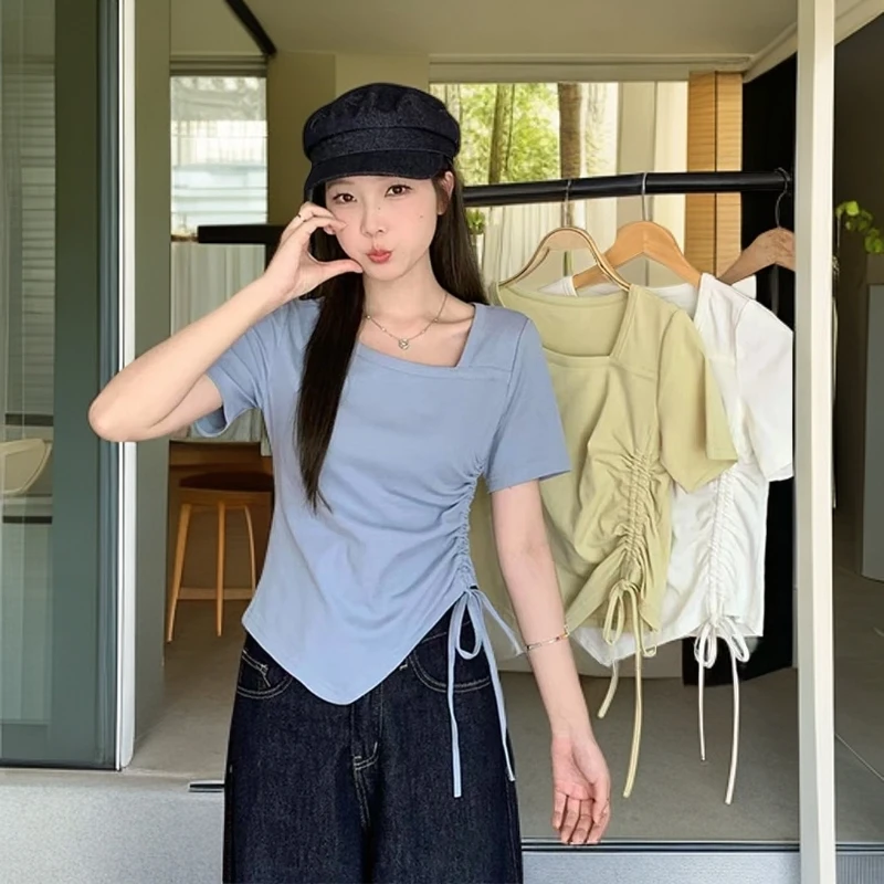 2025夏季气质纯欲斜领短袖褶皱不规则修身女款T恤开叉复古工装风.