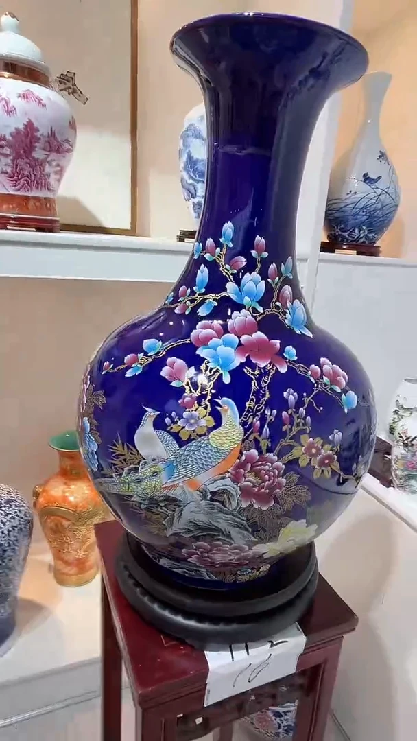 摆件高约60蓝锦鸡瓶