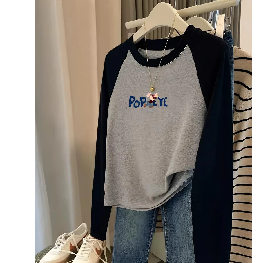 内搭打底衫春秋季小众设计感正肩纯棉撞色长袖t恤女时尚洋气上衣