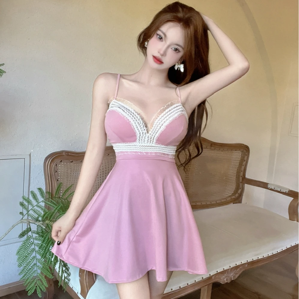 夜场女装性感深V领低胸修身显瘦性感蕾丝花边拼接大摆吊带连衣裙