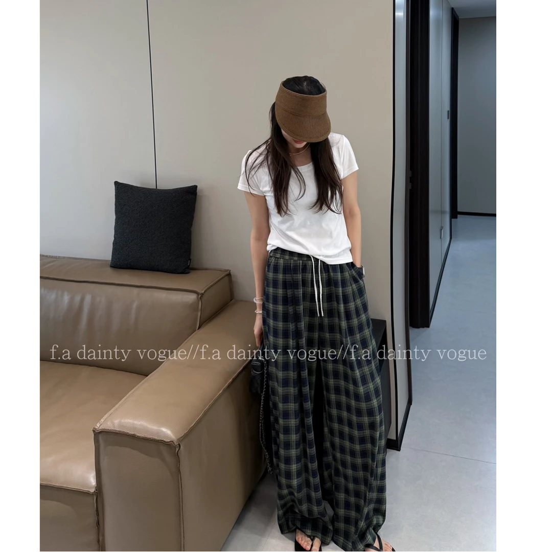 F.A[绿海]夏季高腰阔腿裤格纹休闲裤女装显瘦夏季格子直筒裤时尚