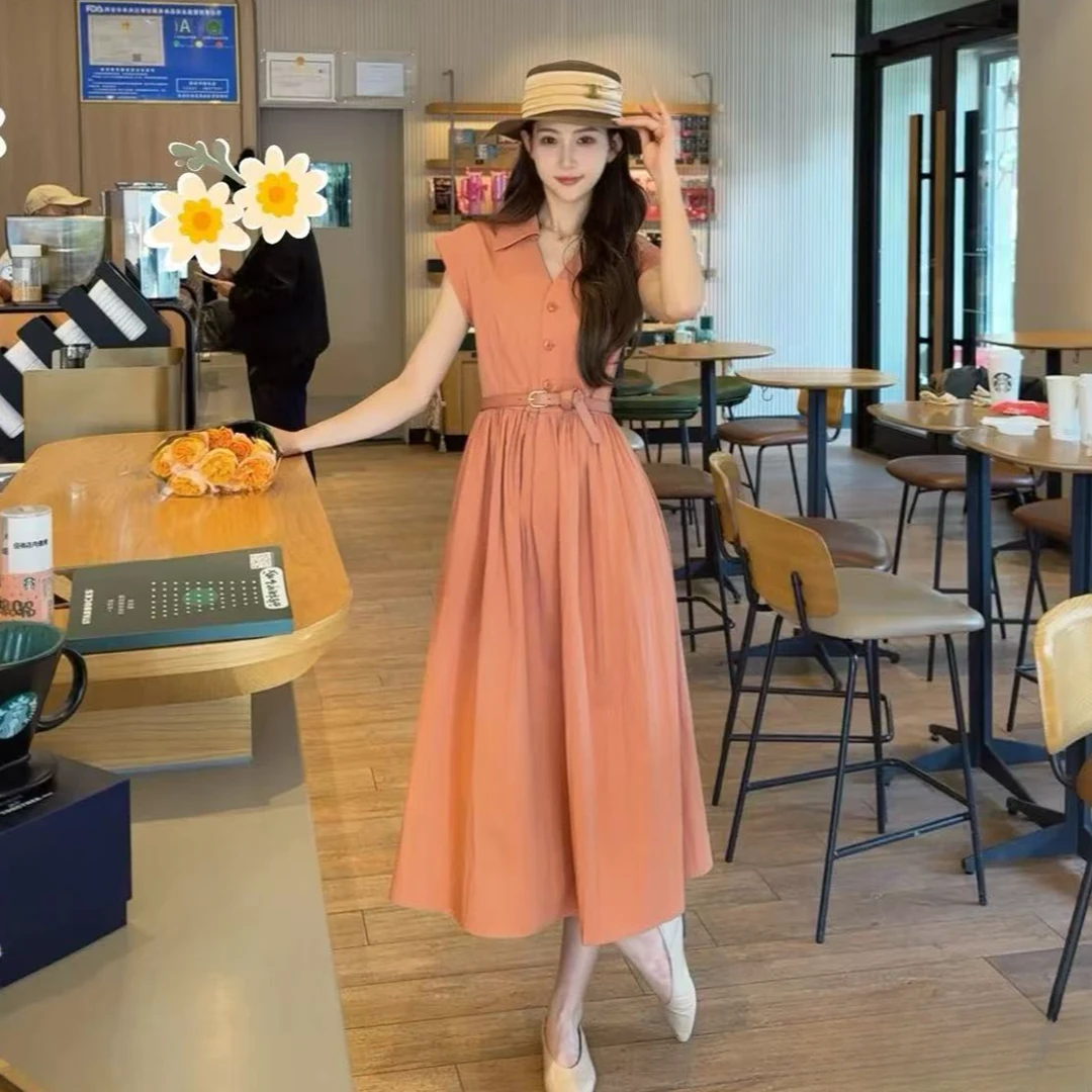 【专柜品质】夏季新款法式气质V领小盖袖系腰连衣裙女150003
