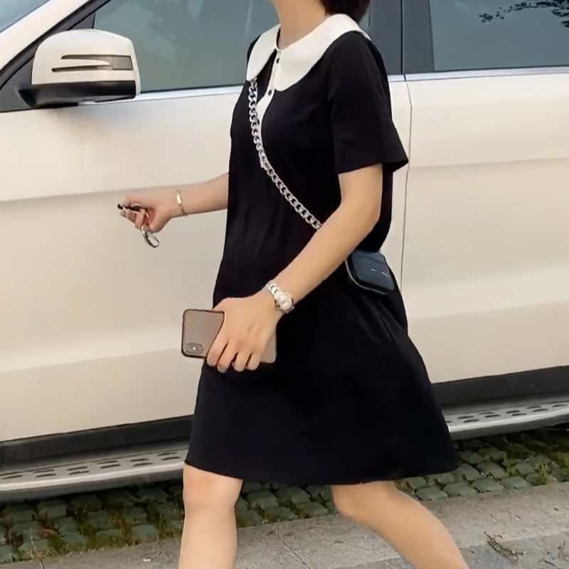夏季时尚大码女装娃娃领短裙短袖设计感裙子小众气质连衣裙小黑裙
