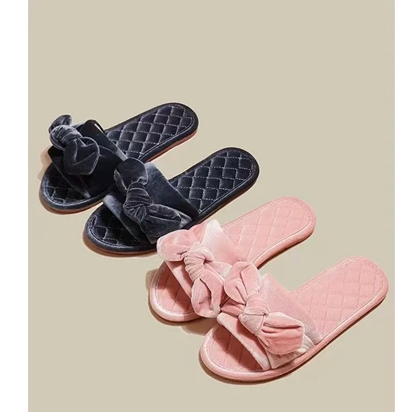 春季法式金丝绒拖鞋女室内家居情侣一对防滑软底高级感蝴蝶结春秋