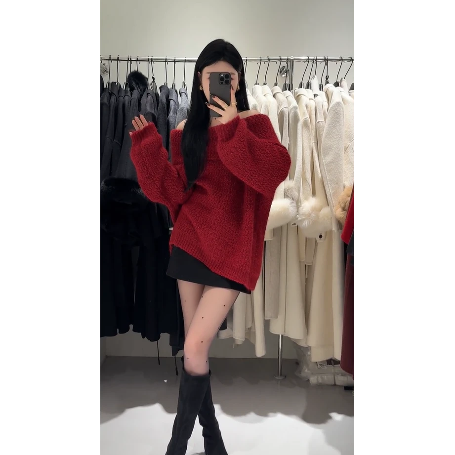 入秋一整套女装2024新款韩版慵懒红色一字肩针织毛衣半身裙两件套