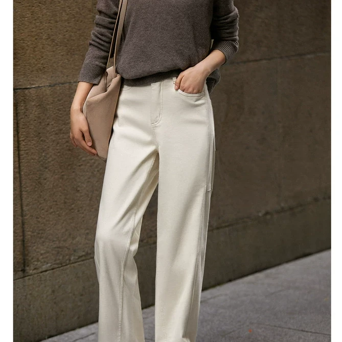 笑涵阁 “绒暖香蕉裤”结构分割切线 佰搭茧型牛仔裤NRA763434VG