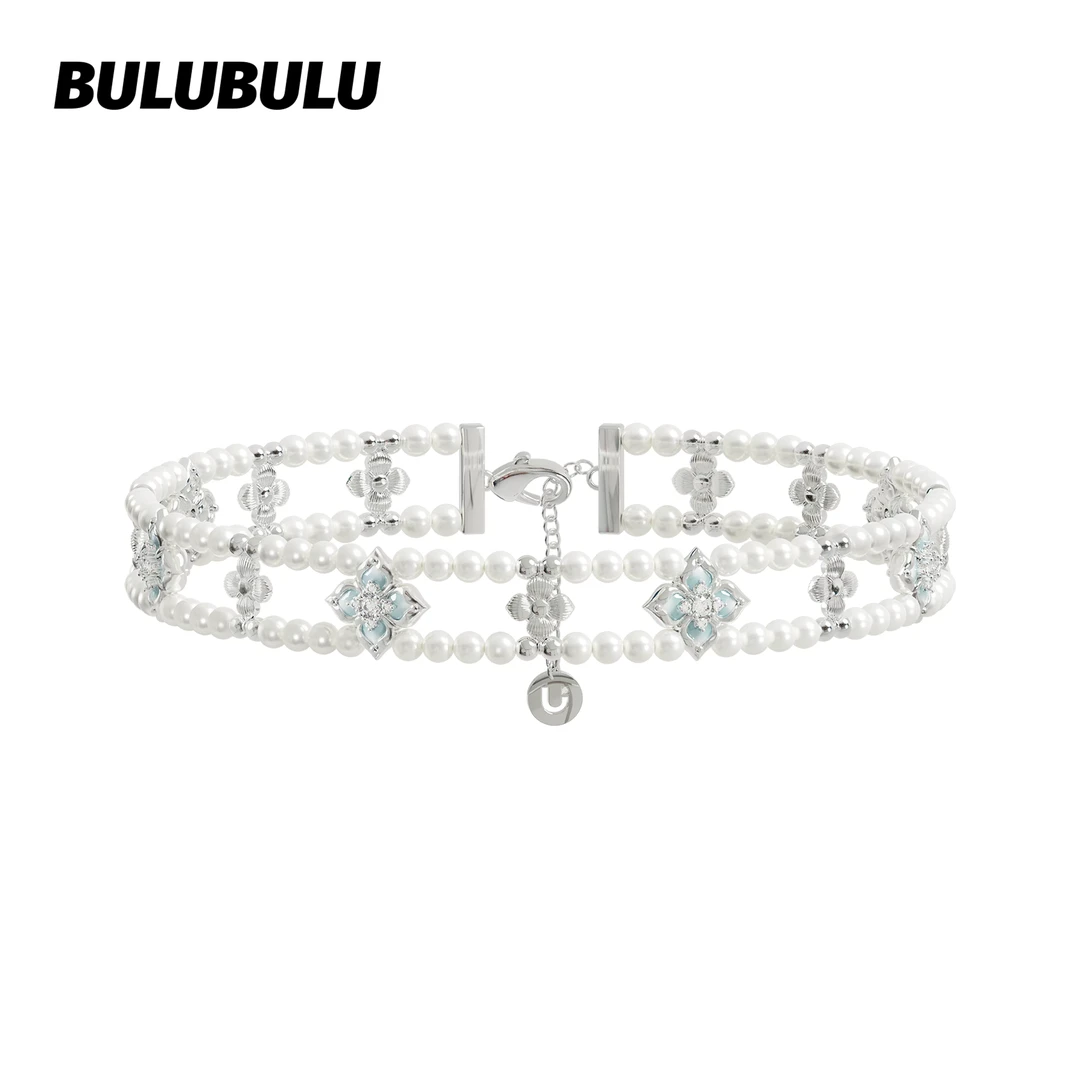 合金仿珍珠项链 BULUBULU 韶光系列花朵双层珍珠锁骨链闪钻项链