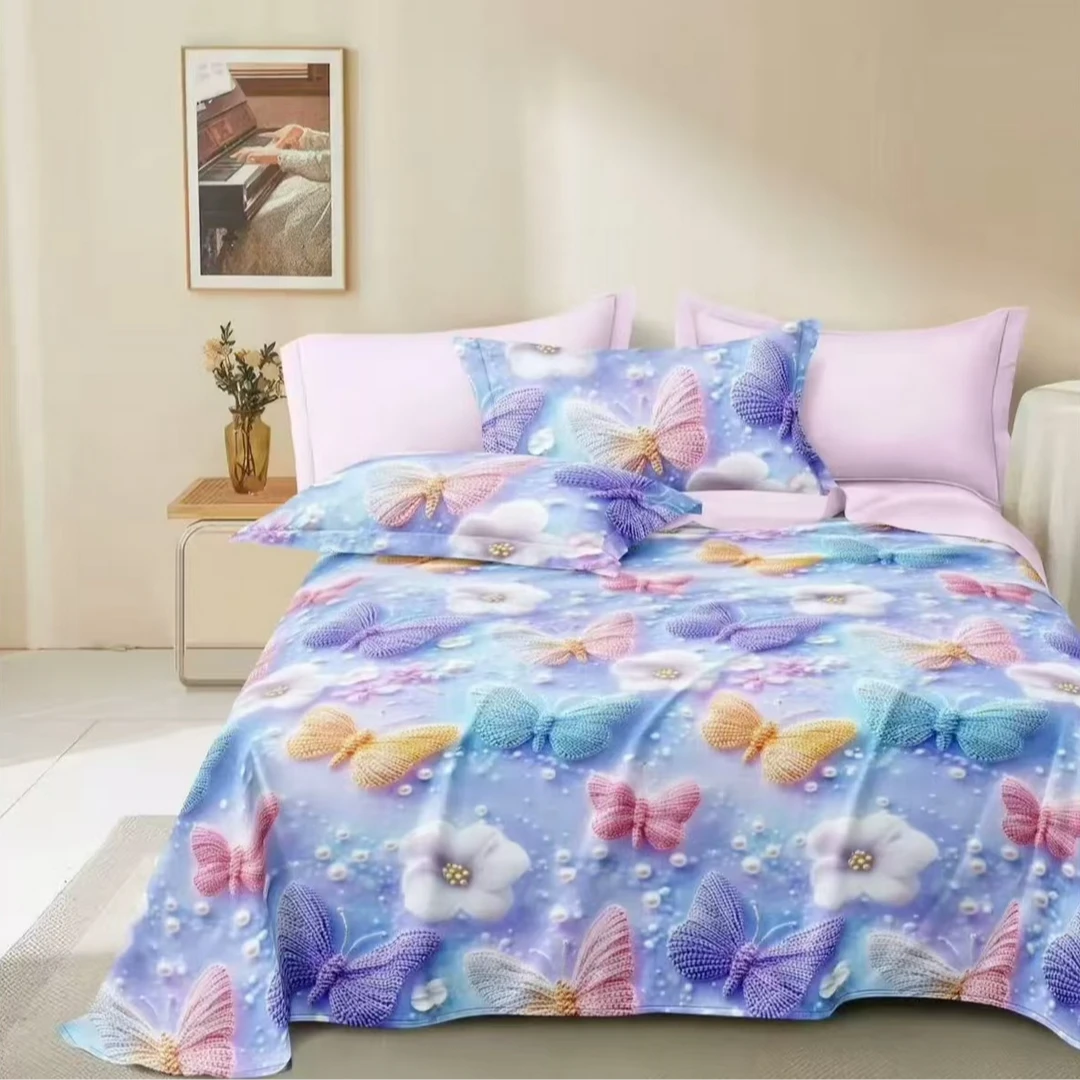 【炫彩蝴蝶】新款高奢立体印花原棉粗布床单（带花边）--240*240