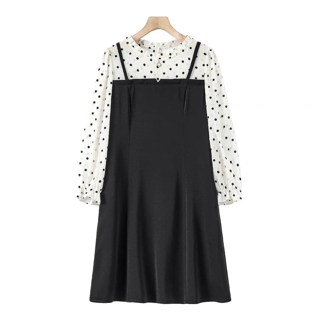 H2126 植绒波点假两件拼接喇叭袖连衣L17