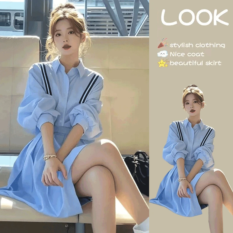 小个子气质蓝色衬衫连衣裙女装2025春季新款时尚超好看收腰短裙子