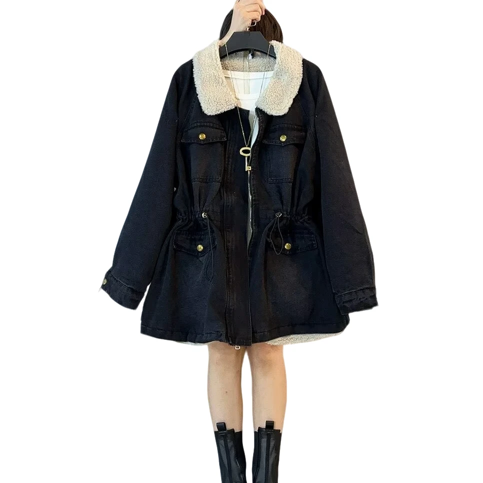 大维罗依 LYR欧货羔毛内里加厚收腰牛仔中长款派克服