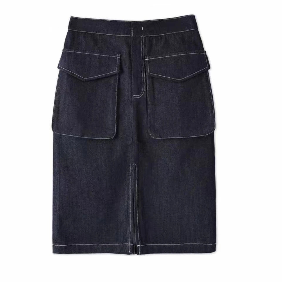 F3780立体双口袋工装设计前开叉牛仔半裙