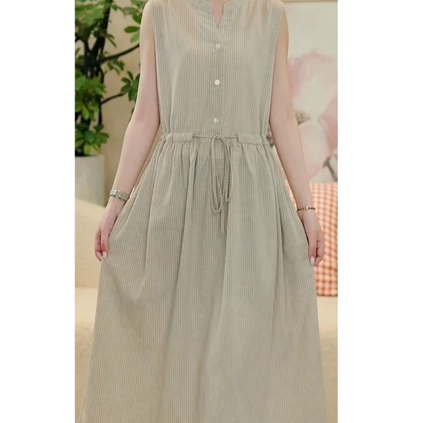 2025文艺气质条纹连衣裙女棉麻透气系带瘦腰显瘦连衣裙988