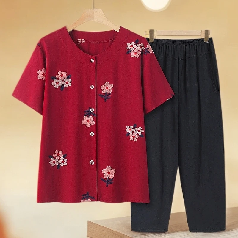 中老年女绵绸上衣服红色奶奶夏装扣子妈妈套装老太太对襟短袖开衫