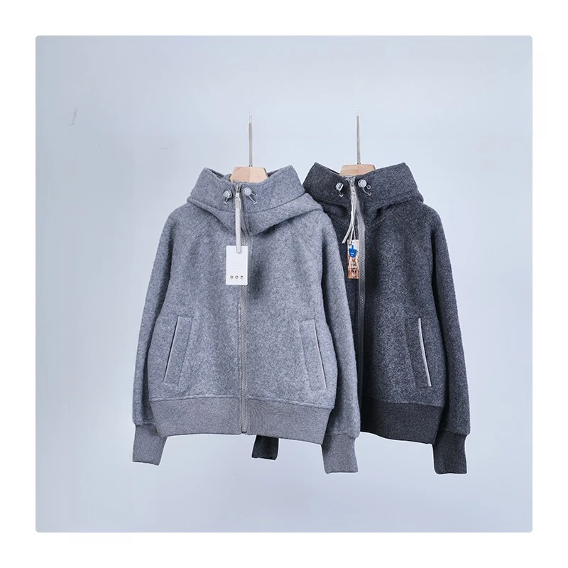 羊毛混纺夹克外套连帽