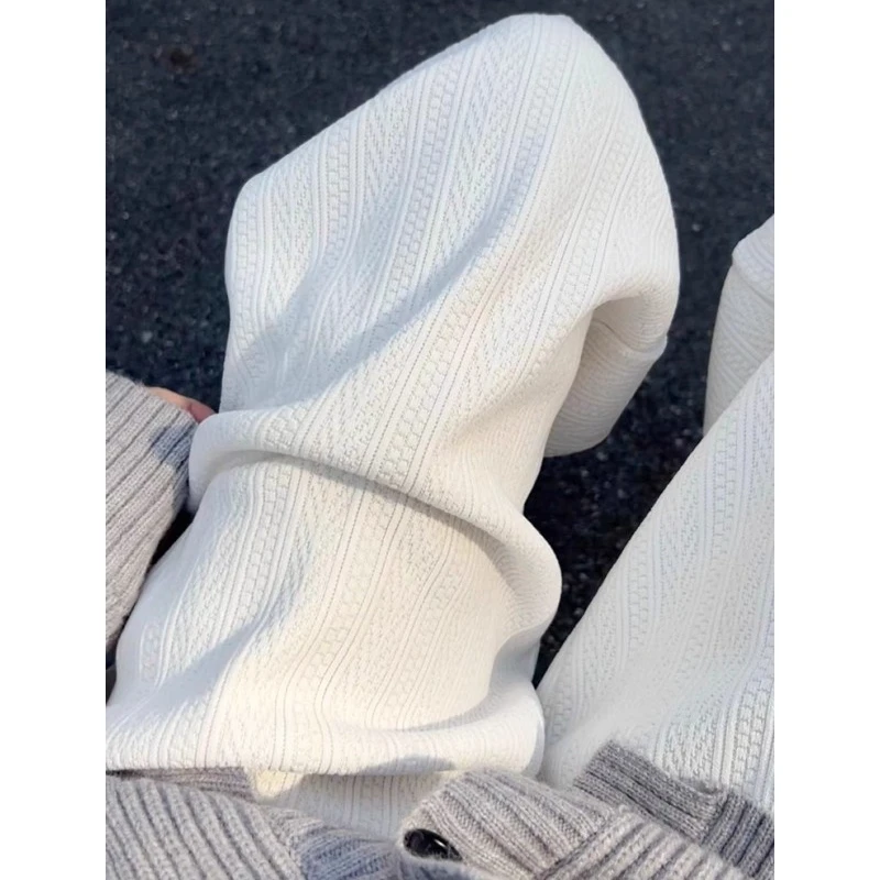 胖妹妹大码温柔米白色雪尼尔阔腿裤女秋冬加绒加厚小众麦穗休闲裤