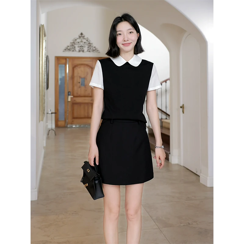 郭九九呢 棉娃娃领假两件拼接显瘦上衣高腰百搭a字短裙G925Y03657