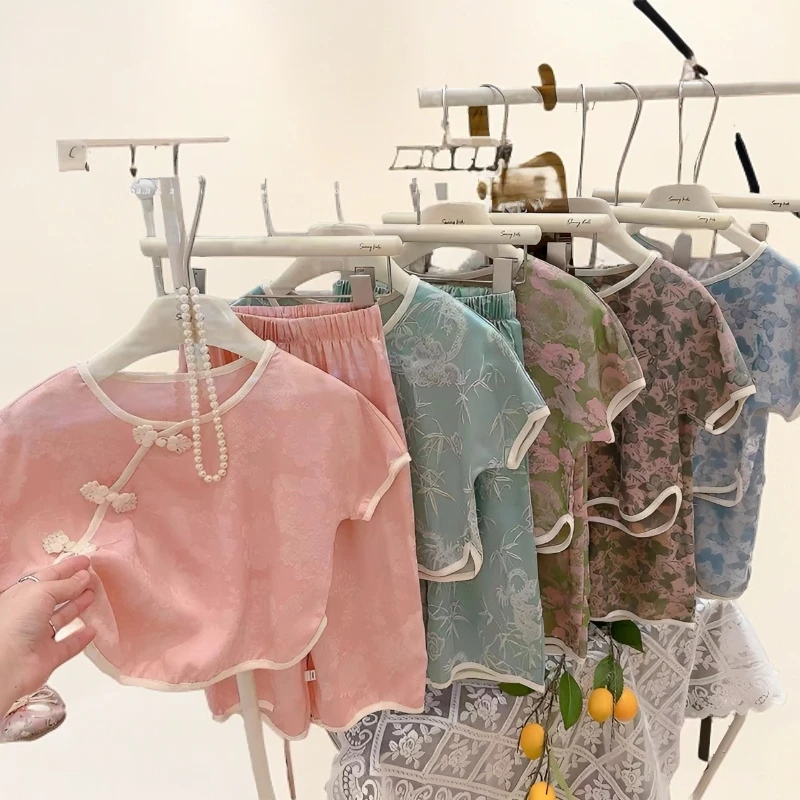 国风儿童短袖直筒裤两件套女宝家居服套装女童夏季薄款中式睡衣