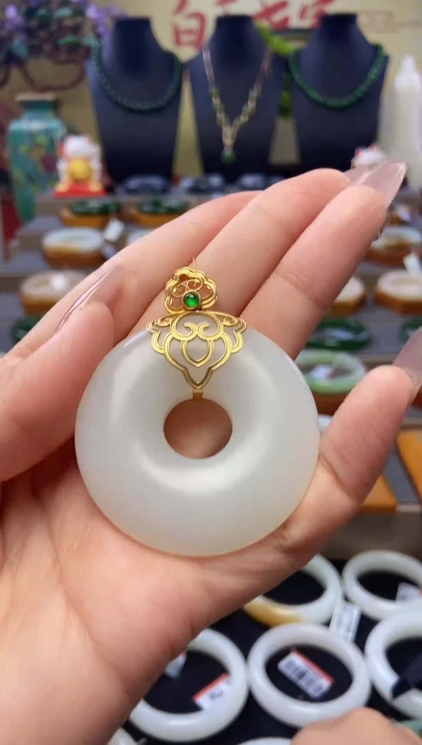 吊坠(不含链)18K金镶嵌和田玉18K金羊脂玉平安扣吊坠