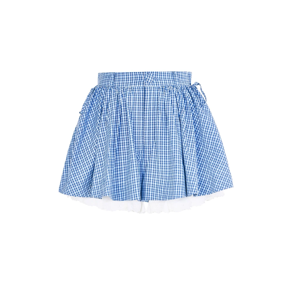 LeFame/拉飞姆25秋韩系格子抽褶蝴蝶结蓬蓬裙裤蓝色FF25Q31SP138