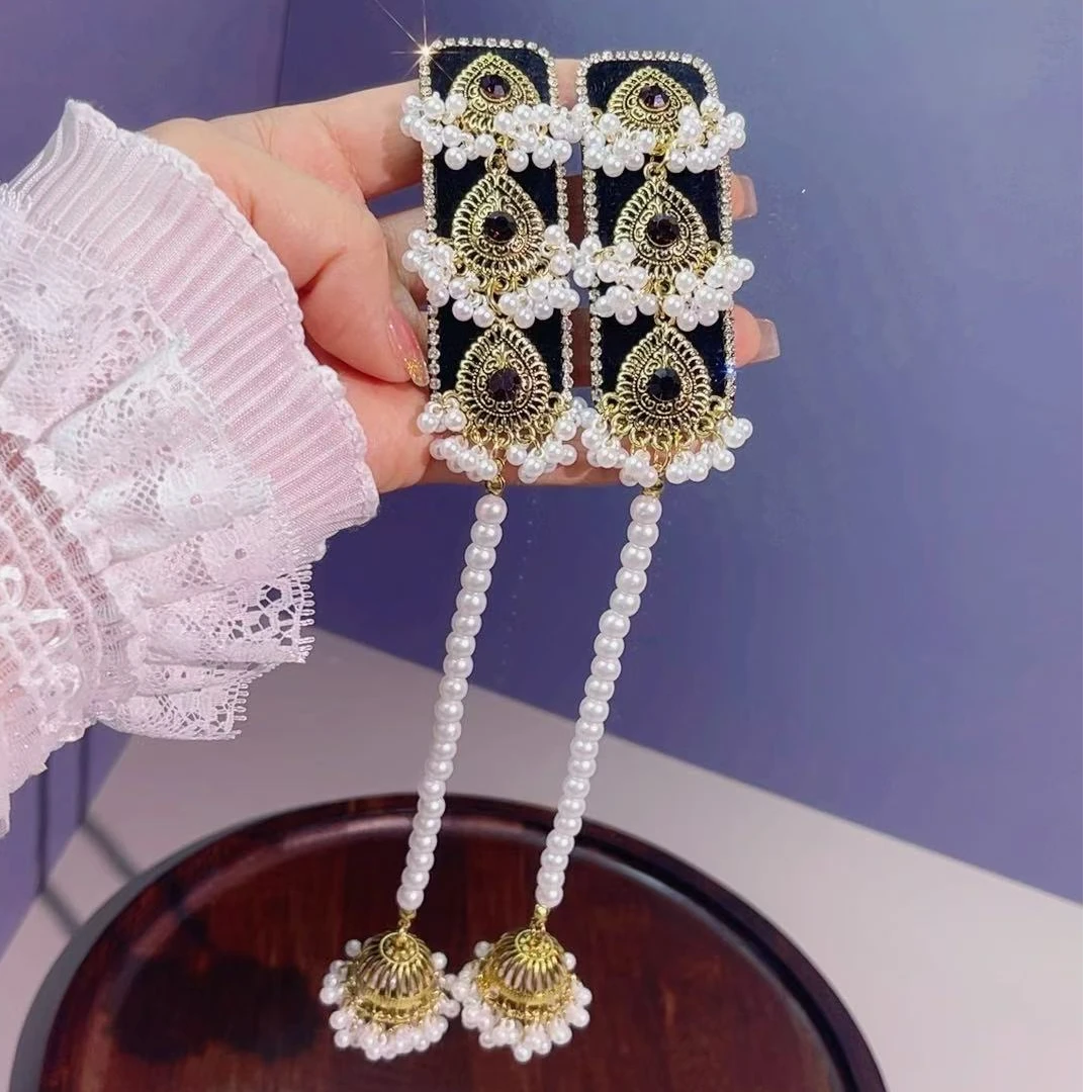 小香风气质满钻长流苏珍珠铃铛掰掰夹